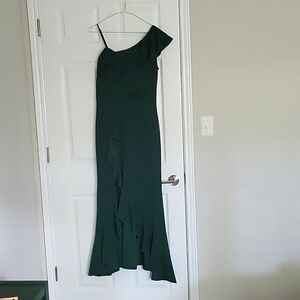 Green formal one shoulder dress with ruffles and slit